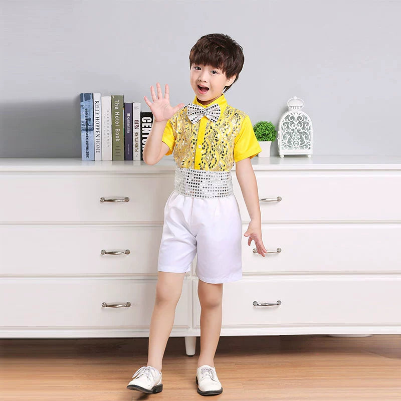 Children's yellow sequin tutu skirt jazz dance dresses boys girls school choir stage performance outfits kindergarten phtos shooting clothes - Moderndancedress.com
