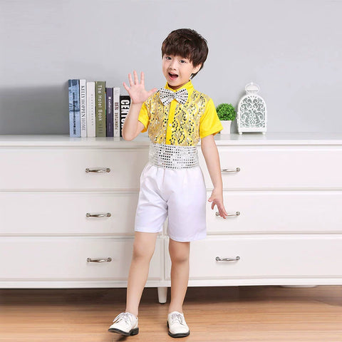 Children's yellow sequin tutu skirt jazz dance dresses boys girls school choir stage performance outfits kindergarten phtos shooting clothes - Moderndancedress.com