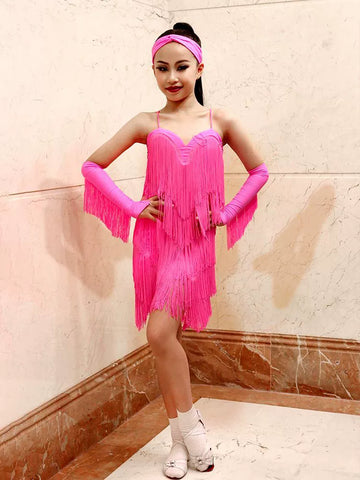 Children's hot pink fringe performance Latin dance dresses for kids girls salsa rumba chacha ballrooom latin performance clothing - Moderndancedress.com