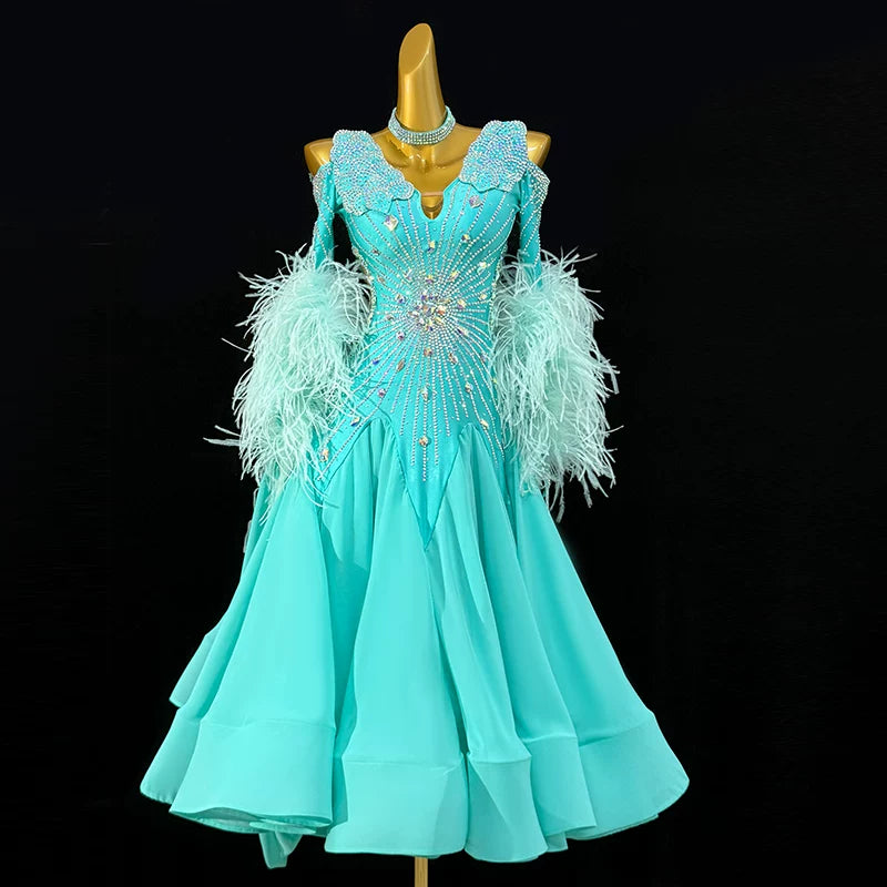 Custom Size Turquoise Ballroom Dance Dress Petals Crystals Ostrich Feather Float