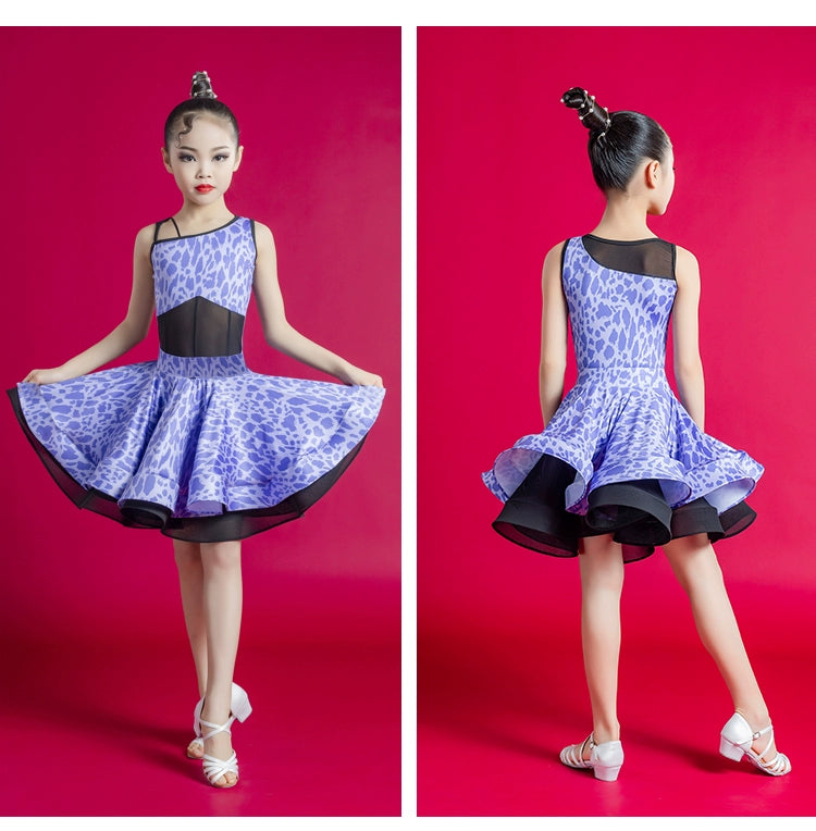 Latin Dance Dress for Girls Slant Neck Blue Purple Leopard Print Salsa Chacha Rumba Performance Costumes Split Set Party Dancing Outfits for Kids - Moderndancedress.com