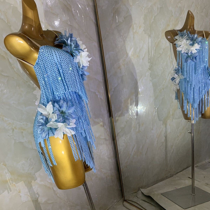 Custom Size Turquoise Blue Fringe Competition Latin Dance Dresses for Women Girls Salsa Rumba Chacha Dance Skirts - Moderndancedress.com