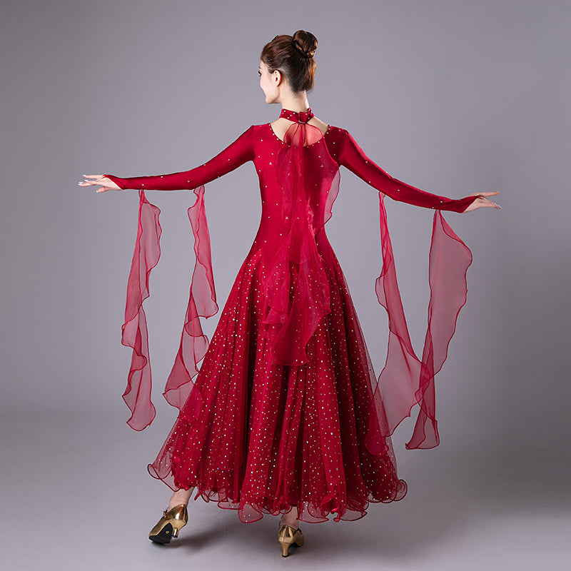 Wine Competition Ballroom Dance Dresses for Women Girls  Embroidered Diamond Waltz Tango Performance Gown - Moderndancedress.com