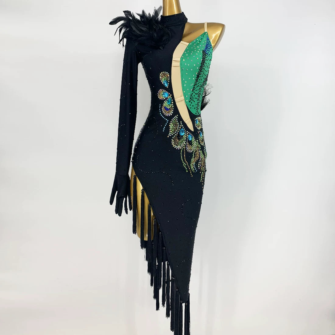 Custom Size Emerald Peacock Latin Dance Dress - Rhinestone Fringe Competition Costume