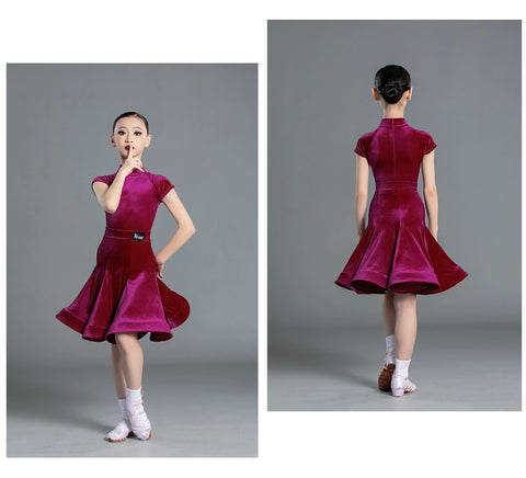 Latin Dance Competition dresses for kids girls wine green Short Sleeves Standard ballroom latin Competition Suit