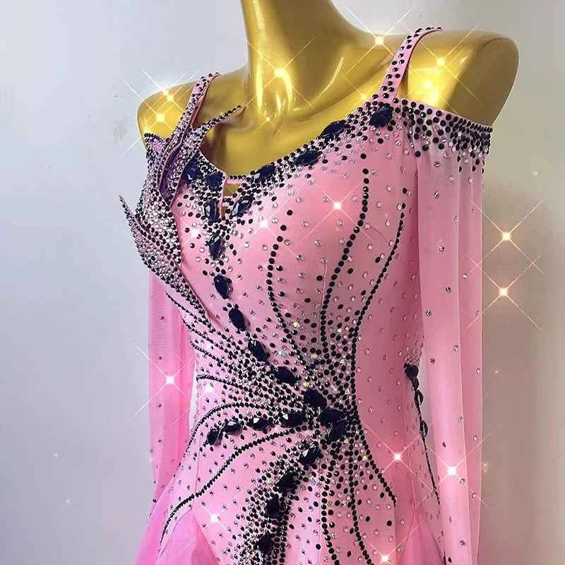 Custom Size Pink Gradient Competition Ballroom Dance Dresses for Women Girls Waltz Tango Foxtrot Dance Gown
