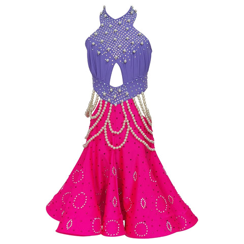 Girls Latin Dance Dresses for Kids Purple Black Pearls Diamond Salsa Rumba Chacha Performance Costumes