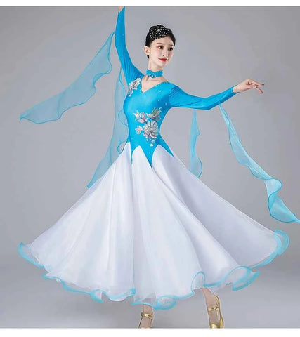 Women's Blue ballroom dance Dresses girls waltz tango foxtrot smooth performance costumes for Female - Moderndancedress.com