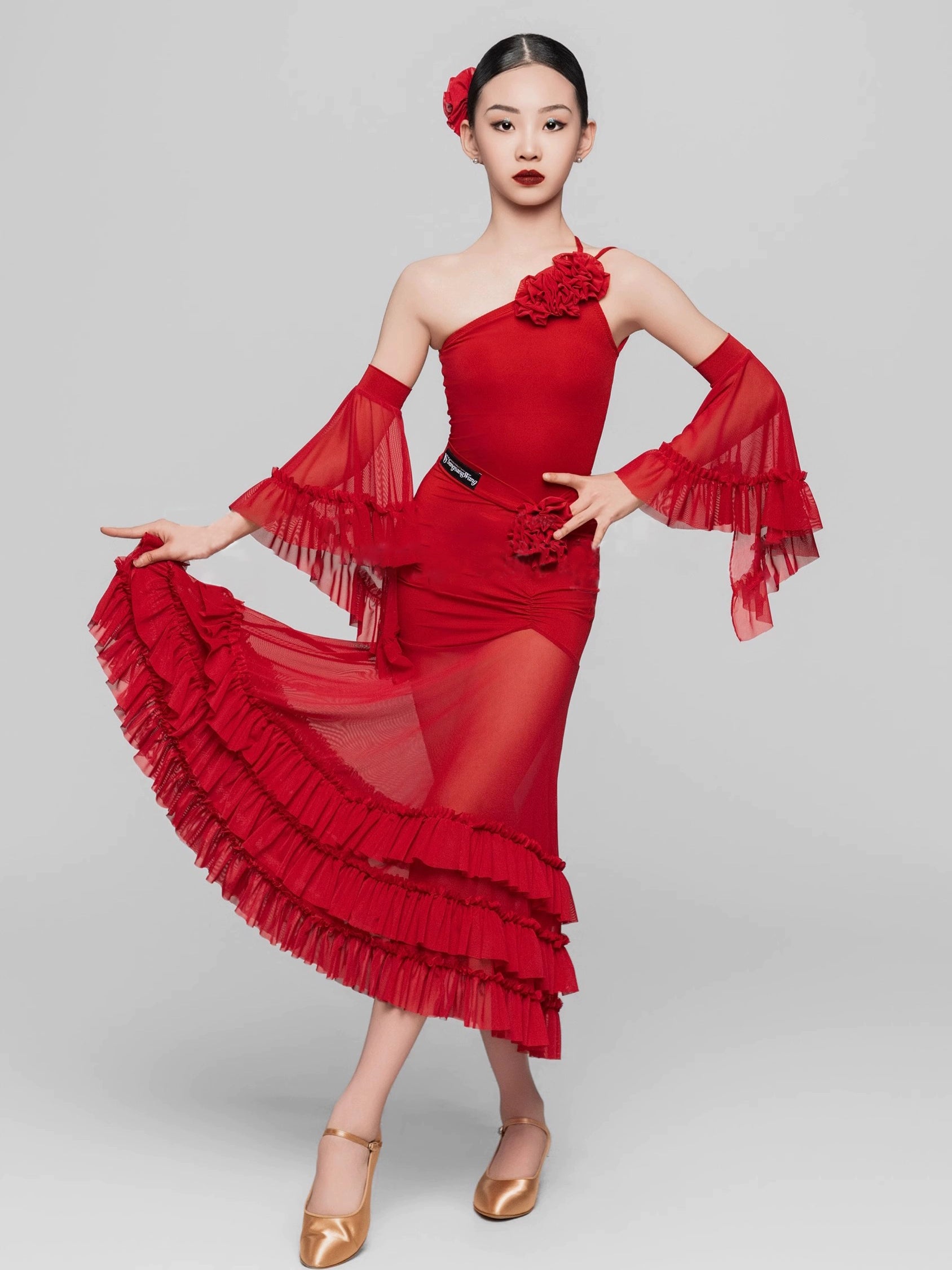 Girls Red black fringe Latin dance costumes slanted shoulders ballroom latin dance skirts  flower practice solo dance suit for kids - Moderndancedress.com