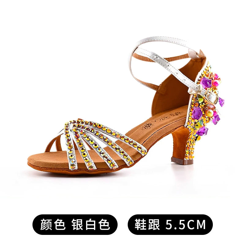 Bronze White Gemstones Latin Dance Shoes for Women Girls Pearl Purple Gemstones High-heeled Latin Ballroom Tango Salsa Jive Chacha Dance Sandals - Moderndancedress.com