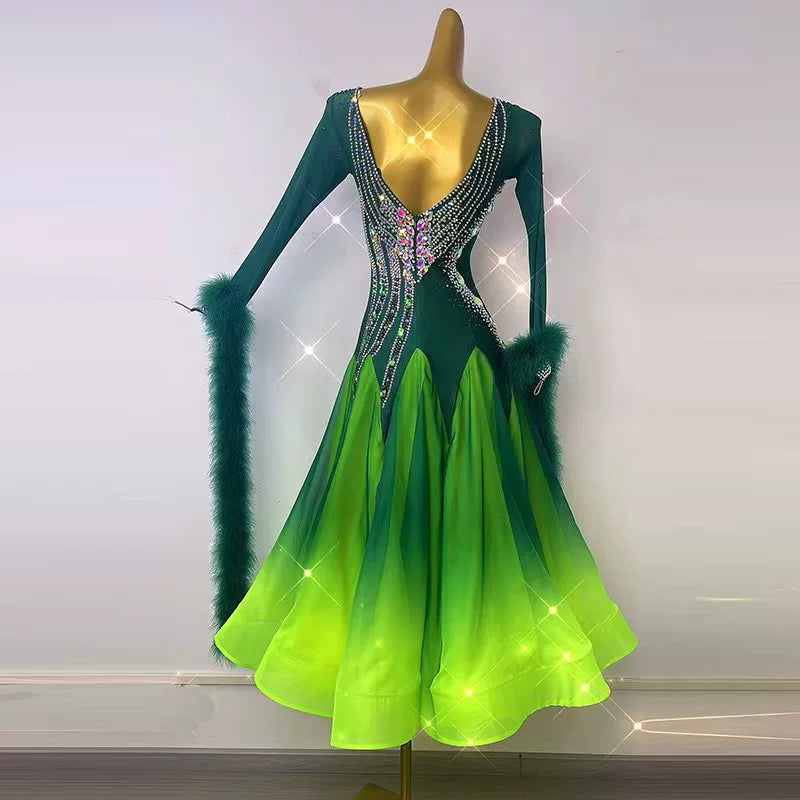 Custom Size Green Gradient Ballroom Dance Dresses for Women Girls Waltz Tango Foxtrot Smooth Dance Long Skirts - Moderndancedress.com