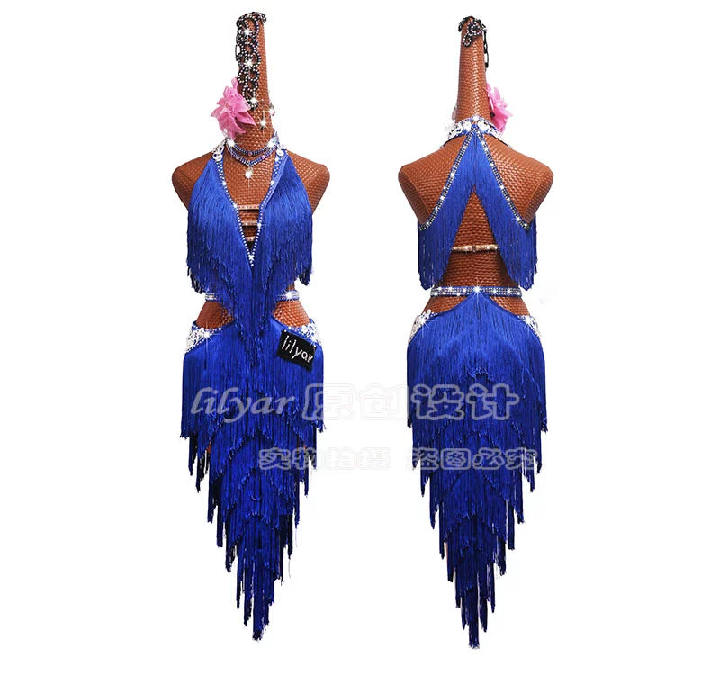 Women's Latin Dance Dresse Latin dance match dress performance dress performance Dress Dance Dress inspiration adult female treasure blue fringe Dress