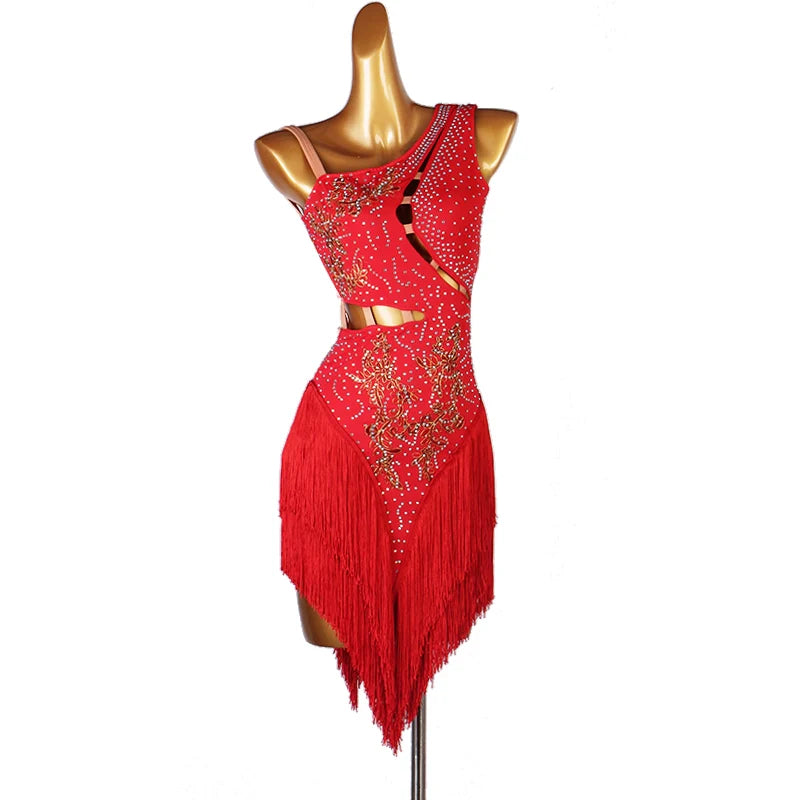 Slant Neck Yellow Blue Red Green Orange Latin Dance Competition Dresses for Women Girl Rumba Salsa Chacha with Stones Performance Clothes - Moderndancedress.com