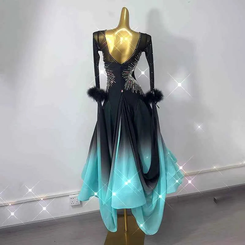 Custom Size Green Gradient Competition Ballroom Dance Dresses for Women Girls Tango Waltz Performance Long Gown
