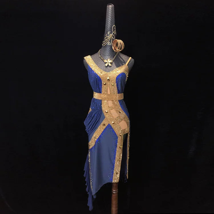 Custom Size Olive Navy Gold Crystal Competition Latin Dance Dress Ballroom Performance Costume