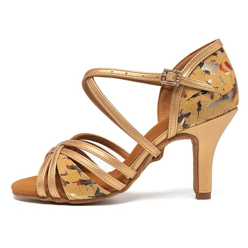 Women Latin Dance Shoes Gold Custom Heeled  Soft Soles Salsa Chacha Dancing Sandal