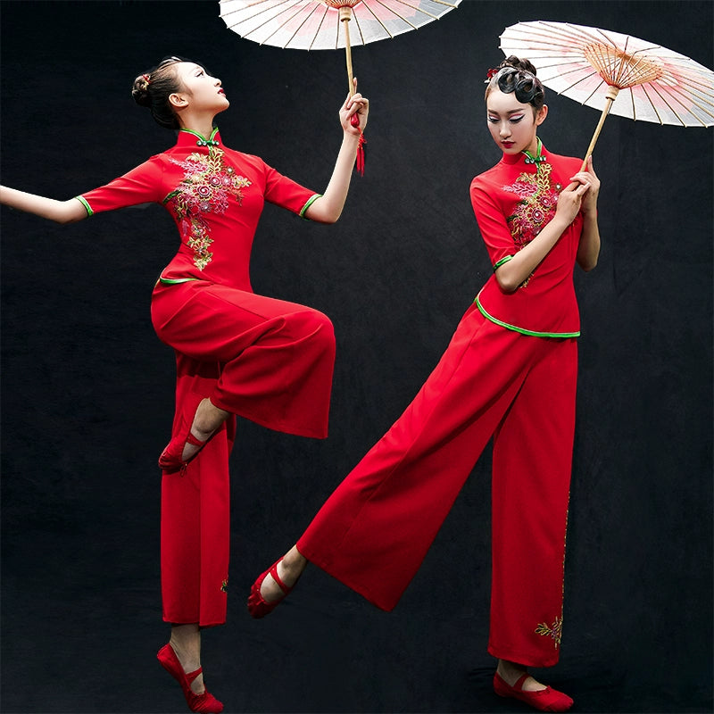 Chinese Folk Dance Costumes Yangko costume, umbrella dance, classical dance costume, female square fan suit for adults - 