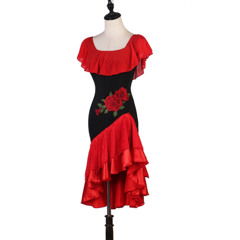 Professional Embroidered Flowers Red Blue Fringe Latin Dance Dress for Women Girls Red Turquoise Ruffles Neck Salsa Rumba Chacha Samba Dance Skirt - Moderndancedress.com