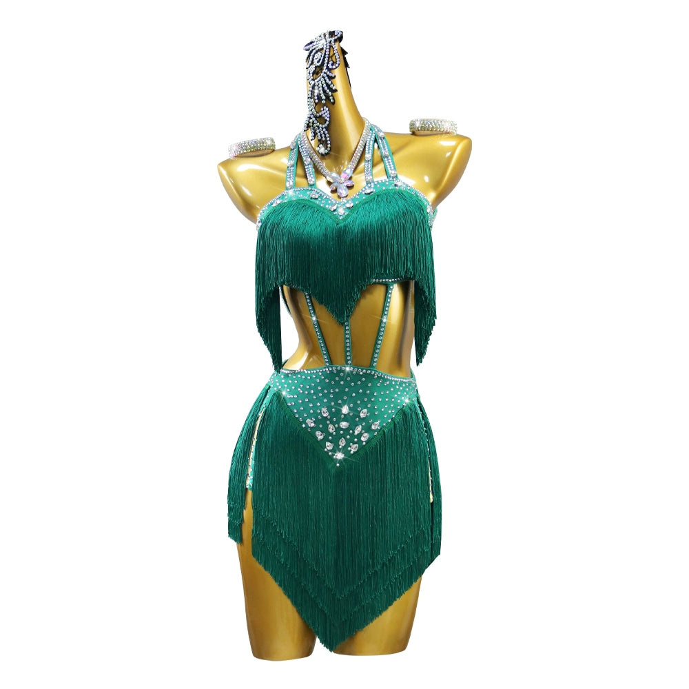 Dark Green Fringe Rhinestones Latin Dance Competition Dresses for Women Girls Professional Salsa Rumba Dance Performances Outfits - Moderndancedress.com