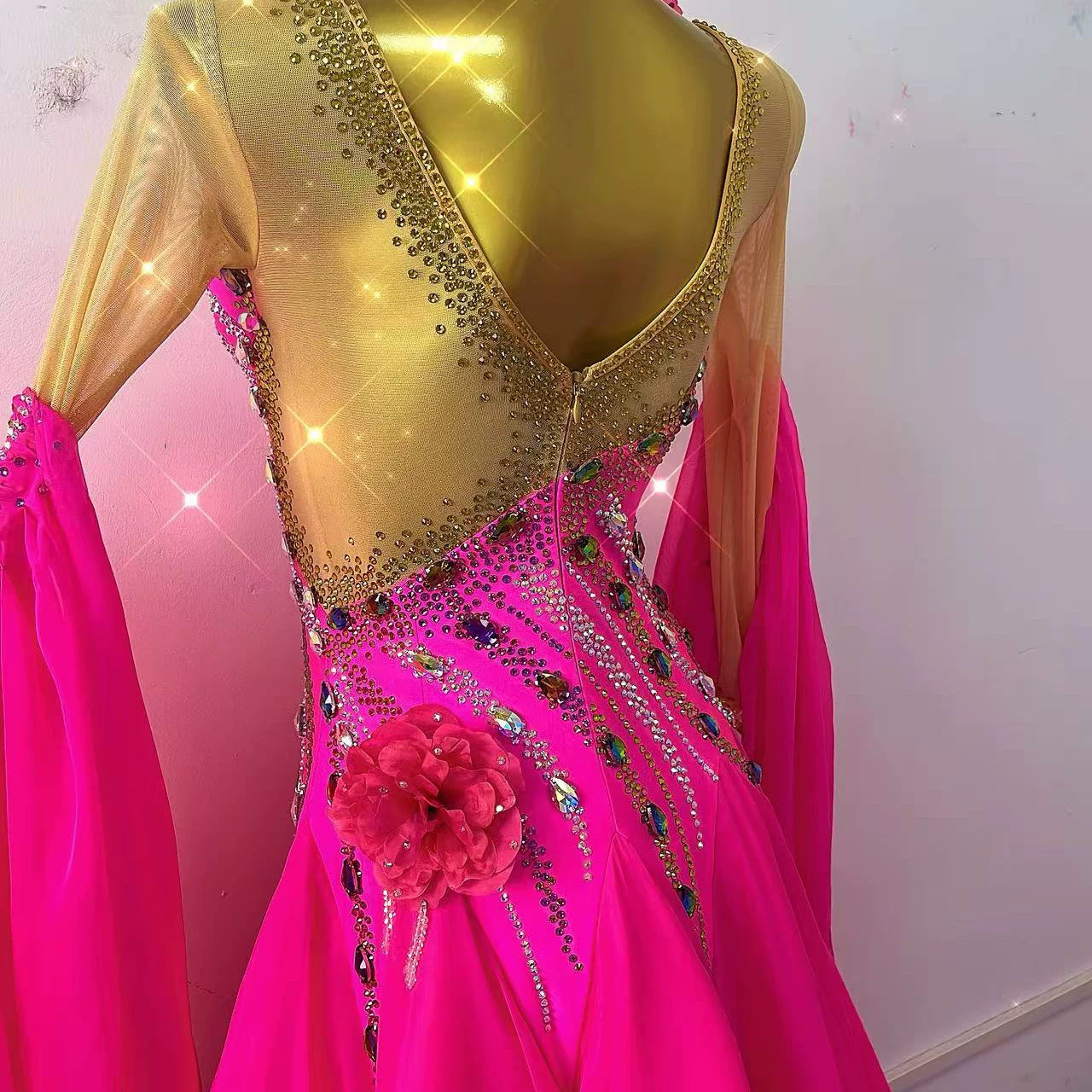 Custom Hot Pink Flowers Competition Ballroom Dance Dress for Women Waltz Tango Smooth Dance Long Gown