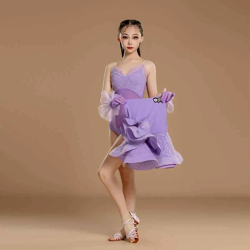 Girls Latin Dance Dresses Black Purple Asymmetrical Skirts Salsa Rumba Dance Costumes for Kids