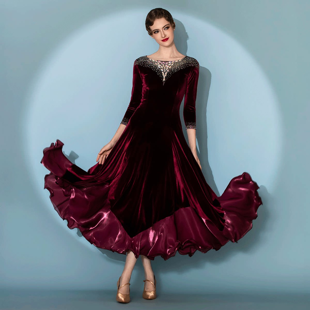 Burgundy Black Velvet Ballroom Dance Dress with Crystal Rhinestone Trim Waltz Tango Dancing Gown