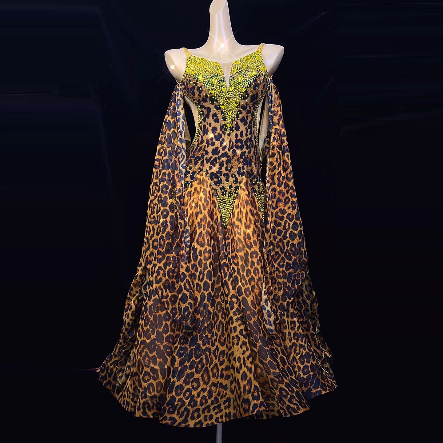 Custom Leopard Ballroom Dance Dress with Gold Stones Modern Waltz Tango Performance Gown