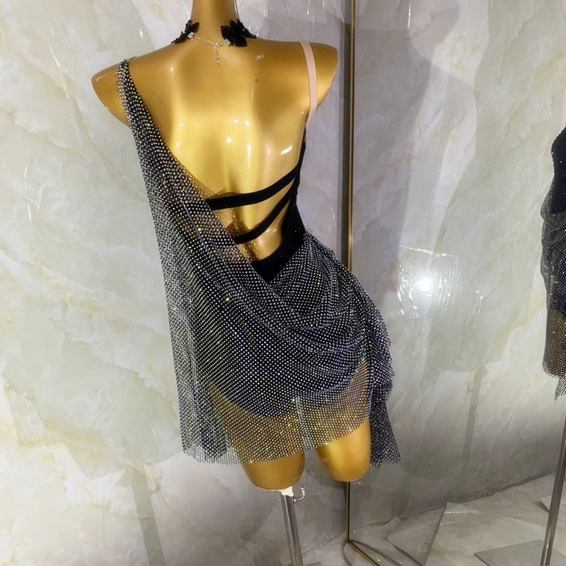 Custom Size Black Diamon Competition Latin Dance Dresses for Women Girls Salsa Rumba Chacha Performance Outfits - Moderndancedress.com