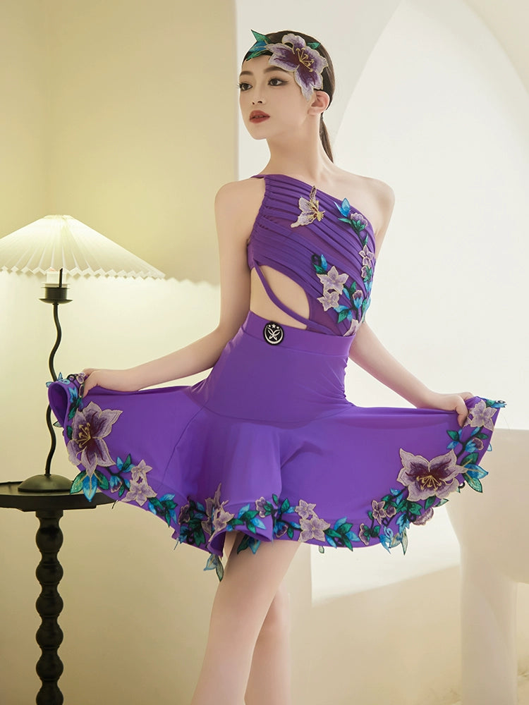Purple embroidered flowers competition lain ballroom dance dresses for kids Girls salsa rumba ballroom performance outfits - Moderndancedress.com