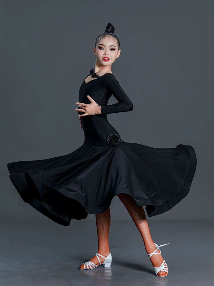 Black modern ballroom dance dresses for girls kids national standard professional competition uniform waltz tango performance wear - Moderndancedress.com