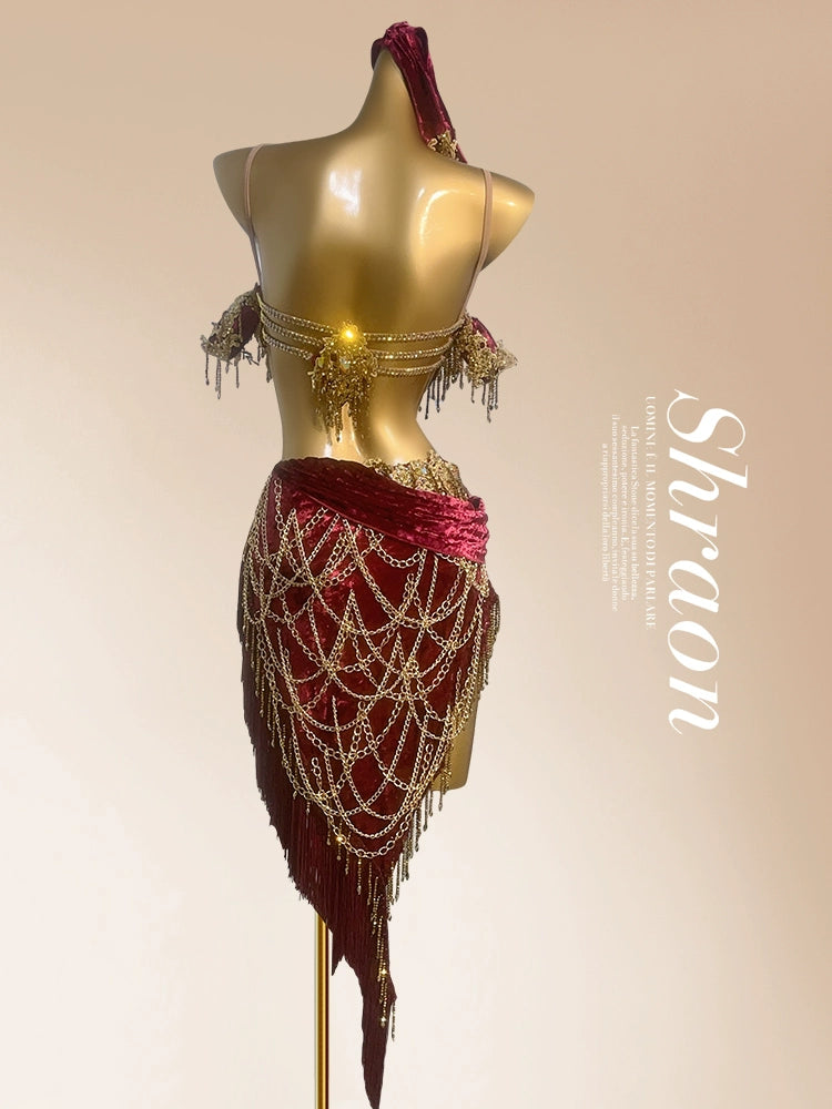 Custom Size Gold Latin Dance Dress Suspender Velvet Adult Cha Cha Professional Dance Dresses