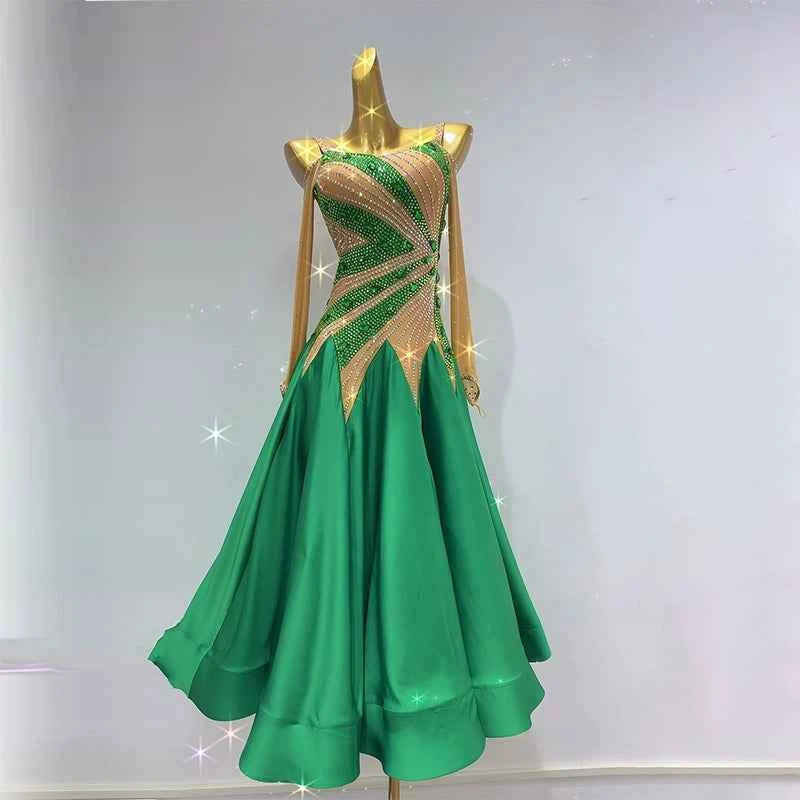 Customized Size Green Rhinestones Competition Ballroom Dance Dresses for Women Waltz Tango Rhythm Performance Gown