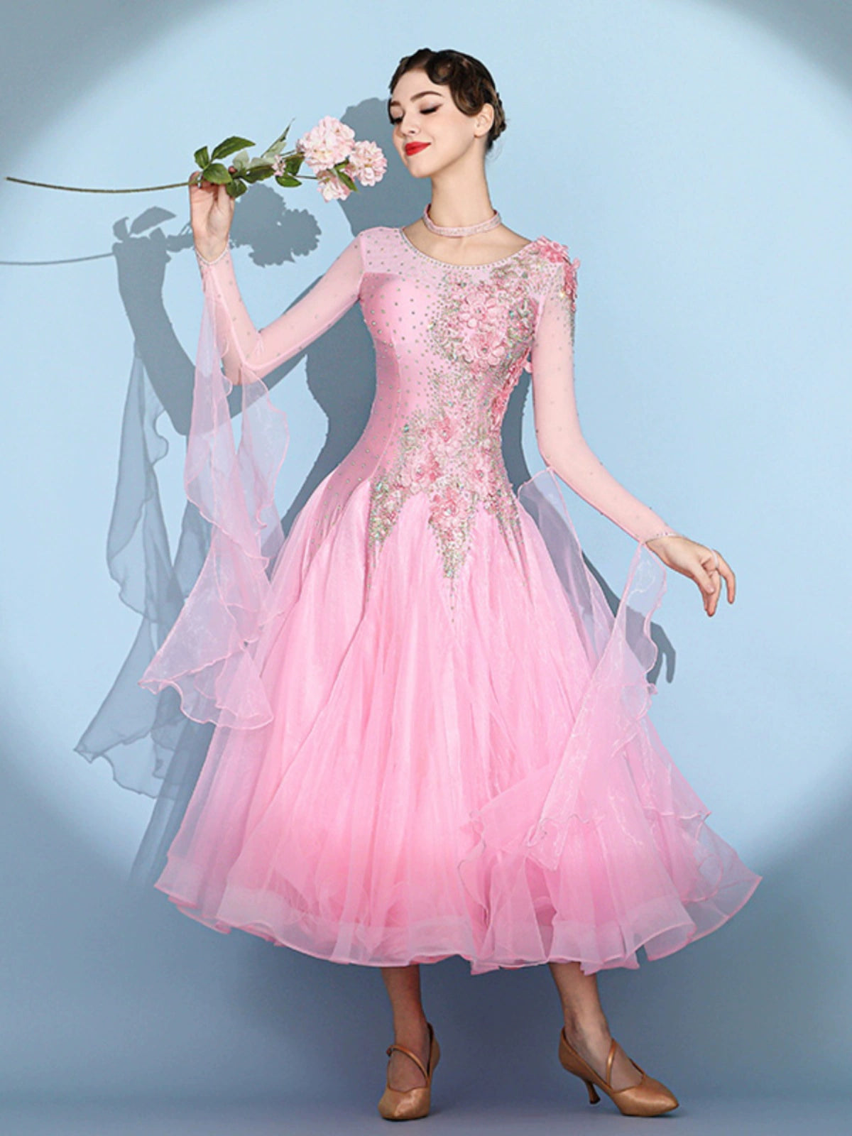 Custom size pink competition bling ballroom dance dresses for women girls kids waltz tango rhythm smooth foxtrot National standard dance long gown - Moderndancedress.com