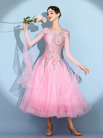 Custom size pink competition bling ballroom dance dresses for women girls kids waltz tango rhythm smooth foxtrot National standard dance long gown - Moderndancedress.com