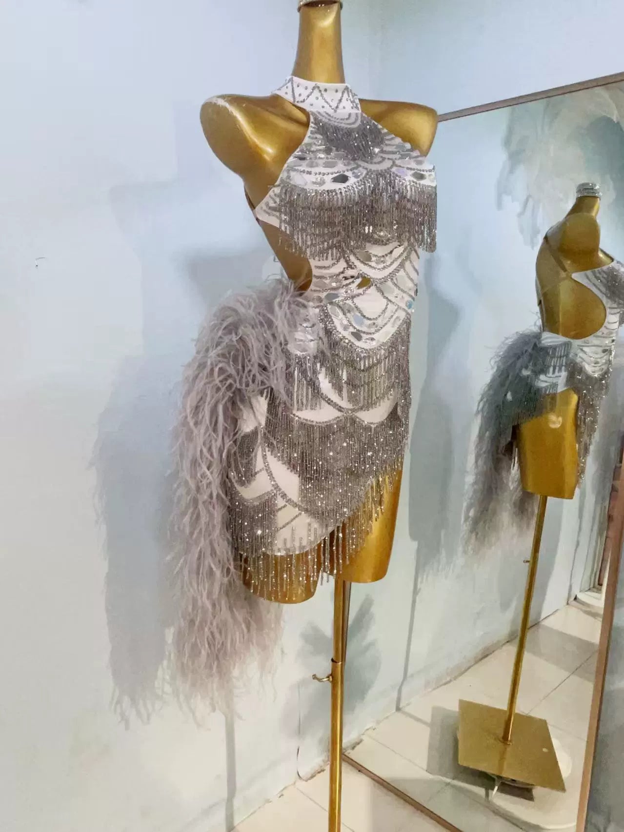 Custom Size Silver Feather Latin Dance Dresses for Women Salsa Rumba Samba Chacha Latin Dance Costume Tuxedo Skirts