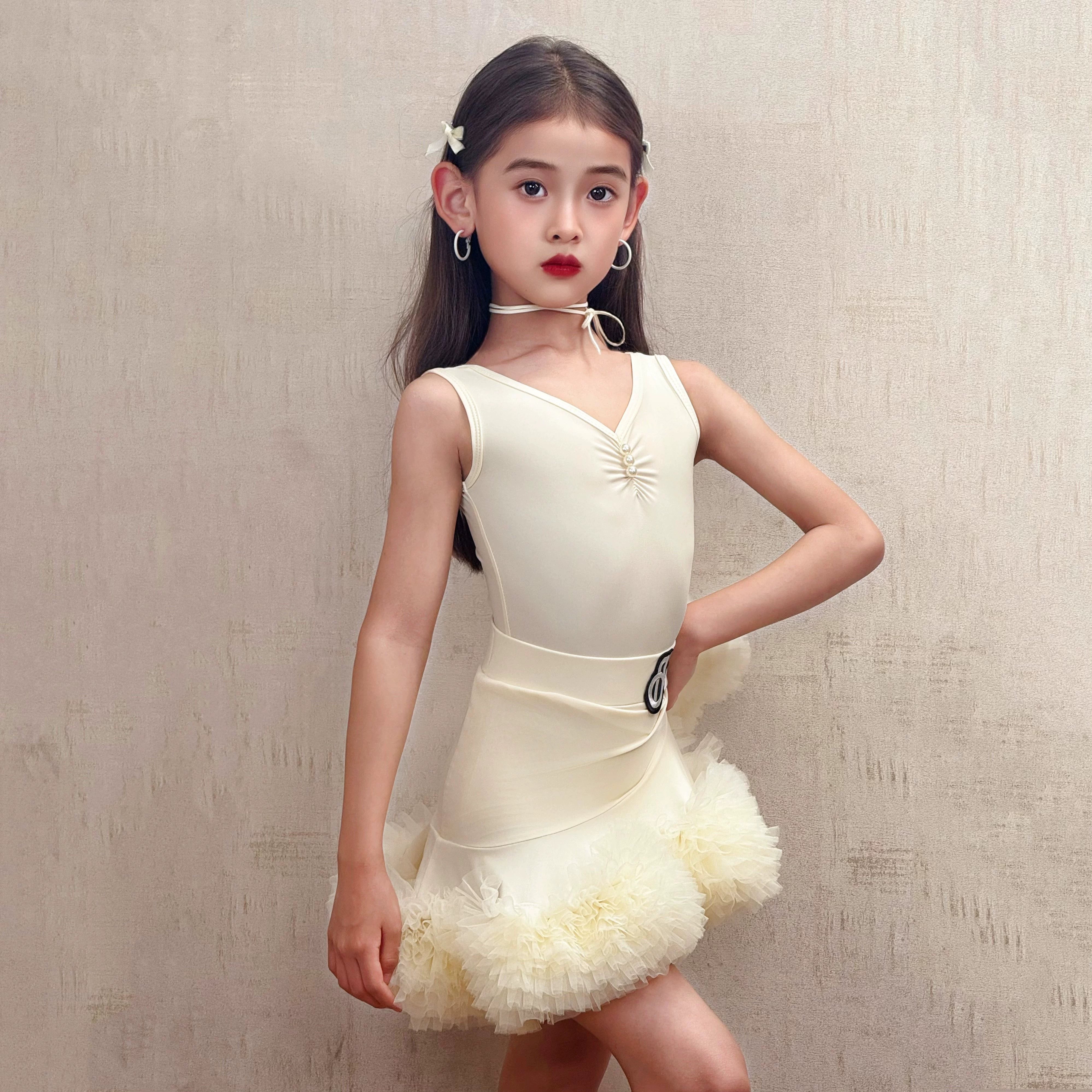 Yellow Girls Latin Dance Dresses Kids White Purple Ruffless Salsa Rumba Chacha Dance Costumes - Moderndancedress.com