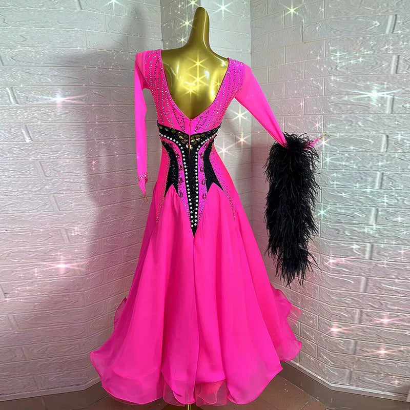 Customized  Size Hot Pink Cystal Ballroom Dance Dress Competition Smooth Waltz Dance Gown with Feather Float
