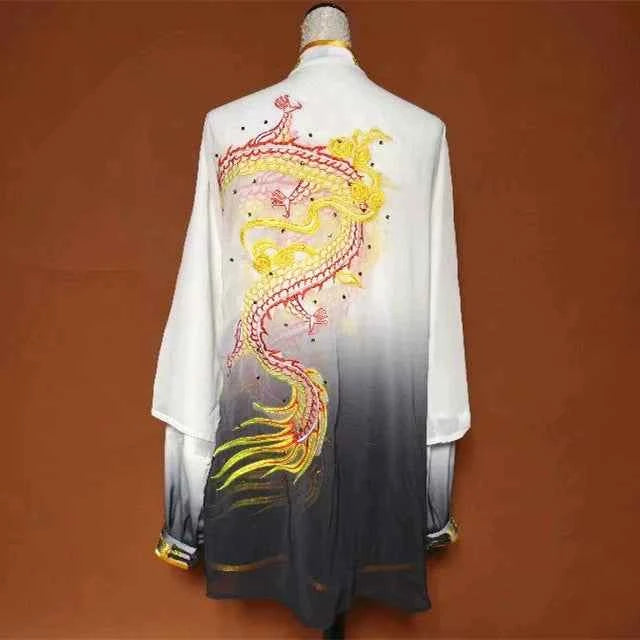 Custom Size White Black Gradient Tai Chi Clothing for Unisex Embroidery Dragon Wushu Martial Art Changquan Competition Uniforms