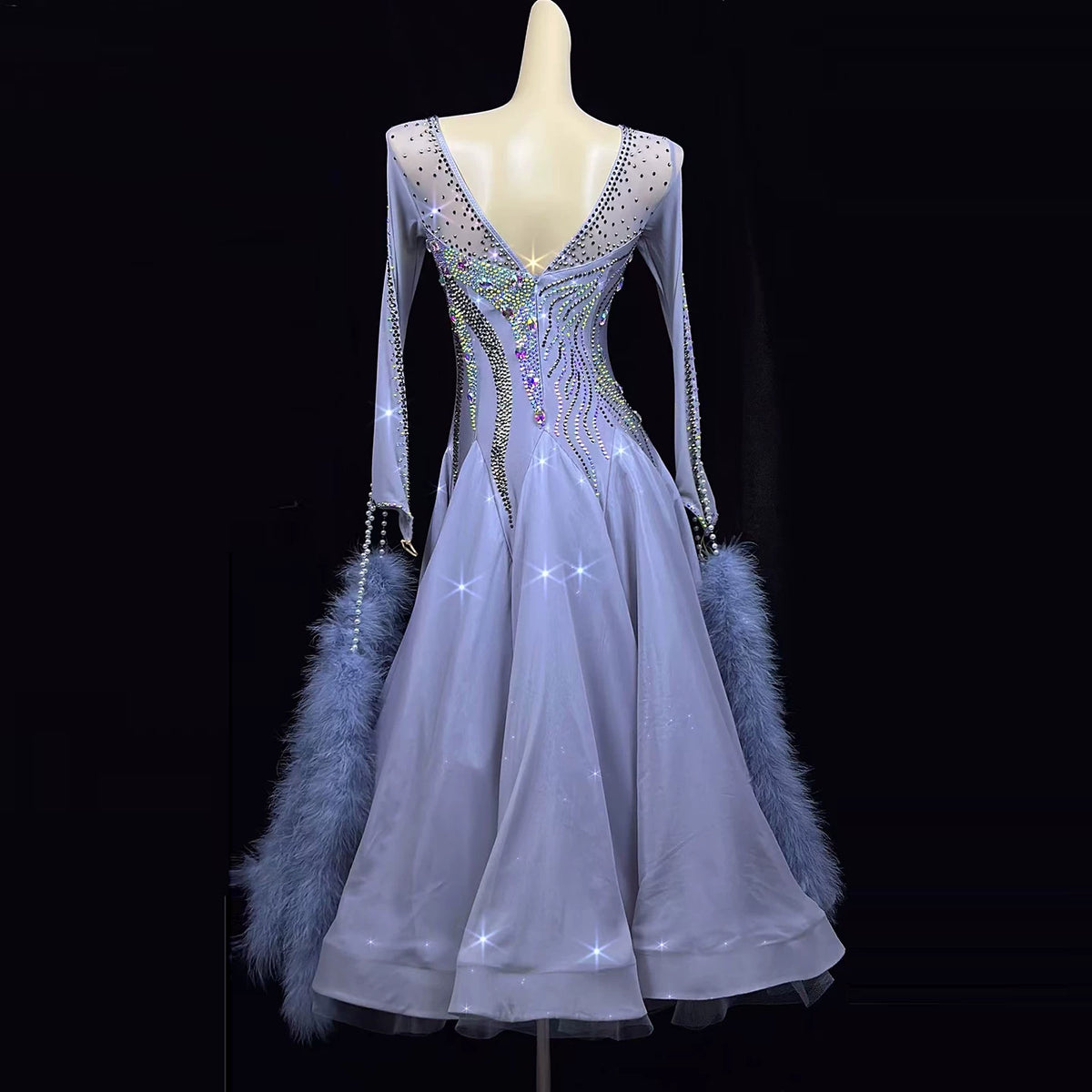 Customized Competition Ballroom Dance Dress Purple Crystal Waltz Rhythm Performance Long Gown