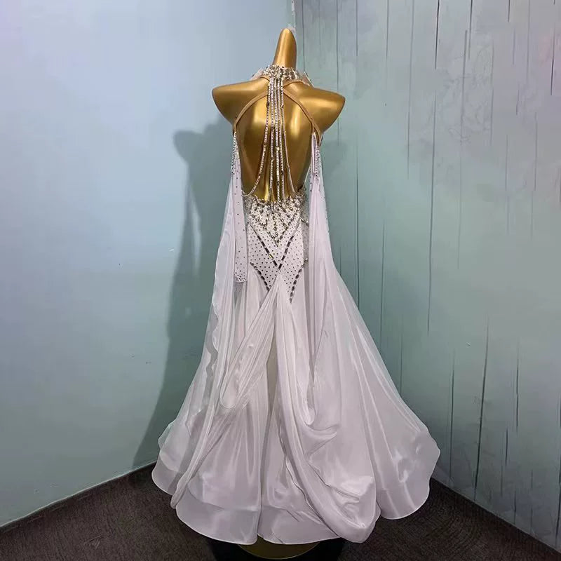 Custom Size White Gold Dimoand Ballroom Dance Dresses for Women Tango Waltz Performance Long Gown