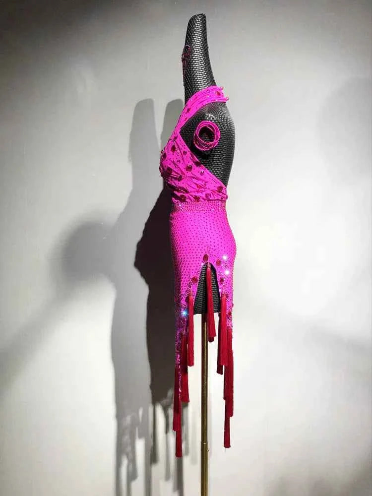 Custom Hot Pink Latin Dance Dress with Rhinestones & Fringe Blue Ballroom Competition Outfit