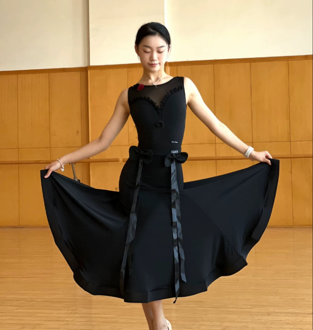 Women Girls Black Red White Ballroom Tango Waltz Dance Dresses Ruffles Sleeveless Lace Jumpsuit Flower Bow Modern Skirt Art Test Performance Costumes - Moderndancedress.com