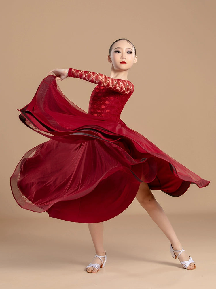 Wine Red Modern ballroom Dance Dress for girls kids Professional Regulations Competition waltz tango foxtrot dance gown  Long sleeved - Moderndancedress.com