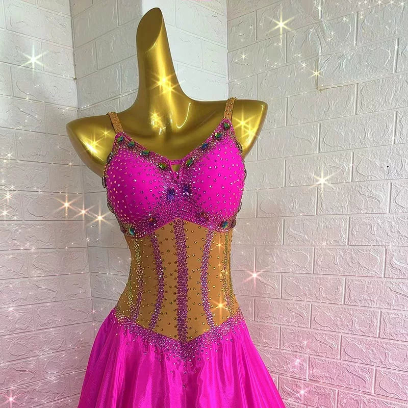 Customized Fuchsia Crystal Embellished Ballroom Dance Dress Flared Skirt Waltz Tango Smooth Dance Gown