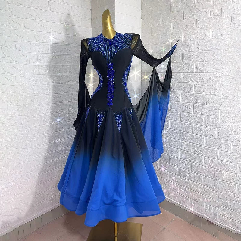 Custom Size Black Blue Crystal Competition Ballroom Dance Dress Standard Smooth Waltz Tango Dance Gown