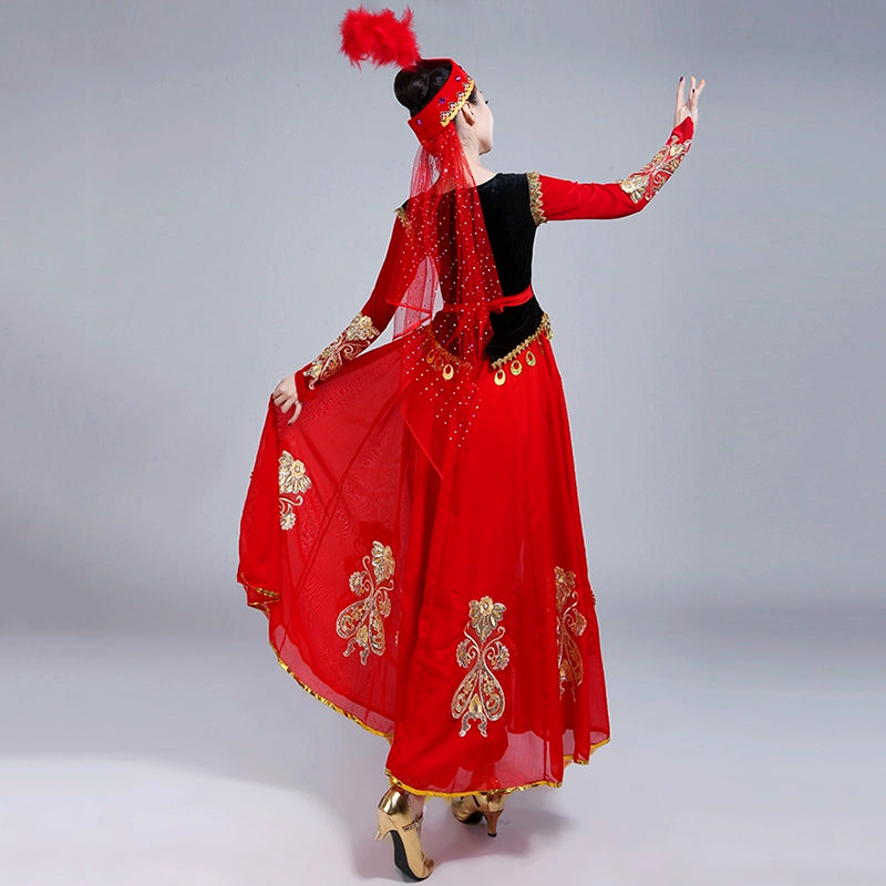 Folk Dance Costumes Dance Costume performance dress female adult ethnic style Uygur modern performance dress big skirt - Moderndancedress.com