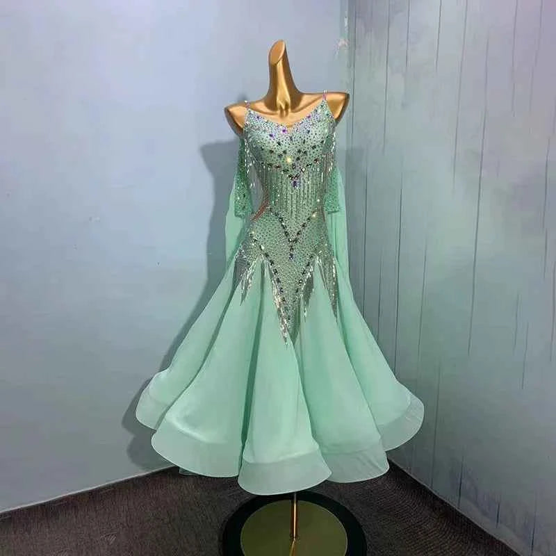 Customized Size Mint Green Ballroom Dance Dresses for Women Competition Waltz Tango Foxtrot Dancing Long Gown