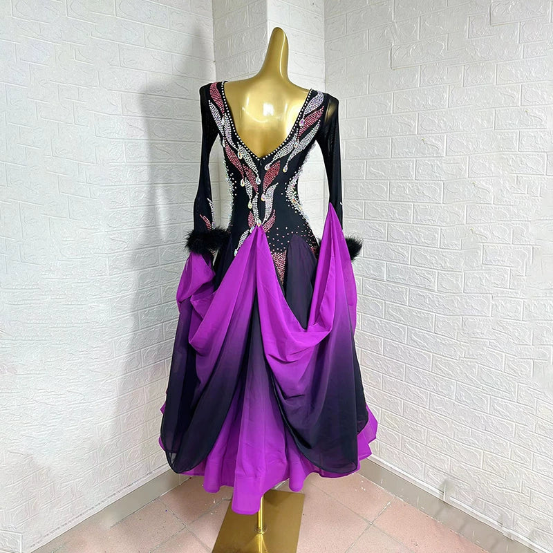 Custom Size Purple Competition Ballroom Dance Dresses for Women Girls Waltz Tango National Dance Long Gown - Moderndancedress.com