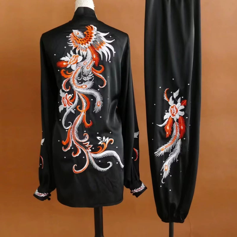 Custom Size Tai Chi Clothing Dark Green Embroidered Phoenix Wushu Martial Arts Kunfu Group Performance Uniforms - Moderndancedress.com