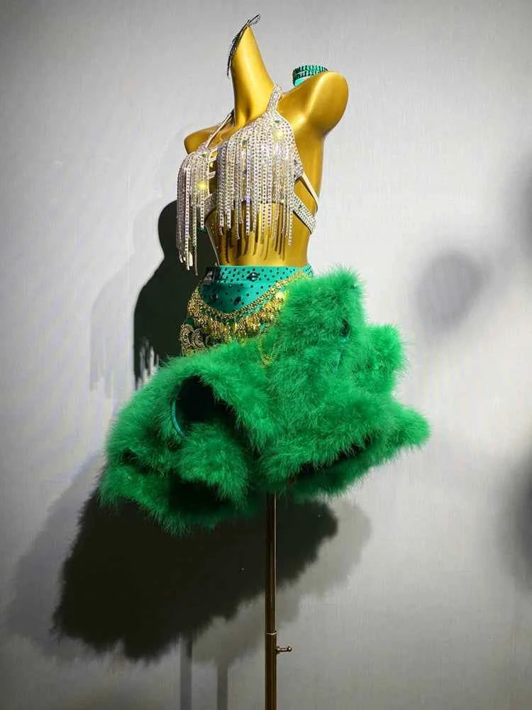 Custom Size Competition Latin Dance Dresses for Women Girls Green Blue Feather Samba Blackpool Dance Wear